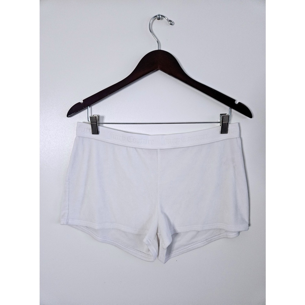 Juicy Couture White Velour Shorts Large Rhinestone Logo Y2K Lounge Activewear - Picture 2 of 7